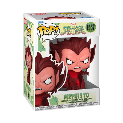 Figura Pop! Mephisto vermelha em caixa de embalagem com texto e logótipos.
