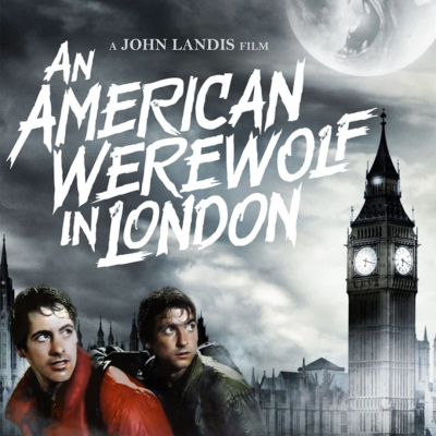 Poster do filme 'An American Werewolf in London' com dois homens e o Big Ben