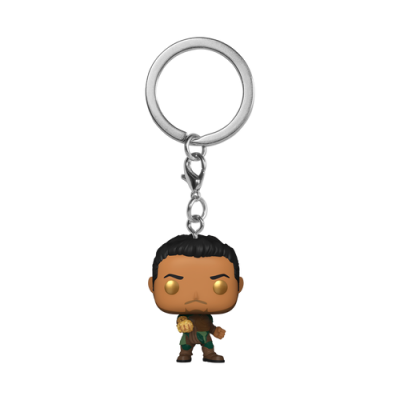 Porta-chaves com figura Funko Pop de personagem masculino com luvas douradas