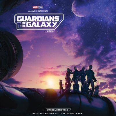 Capa do CD Guardians of the Galaxy Vol. 3 com personagens no topo de nave e céu estrelado