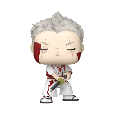 Figura Funko Pop masculina com cabelo cinza e roupa branca com manchas vermelhas segurando espada.