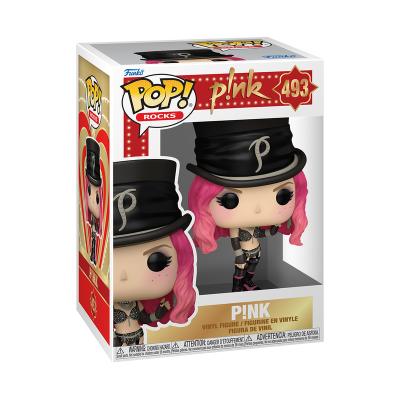 Figura Funko Pop Rocks da cantora P!nk com cabelo rosa e chapéu preto na caixa número 493