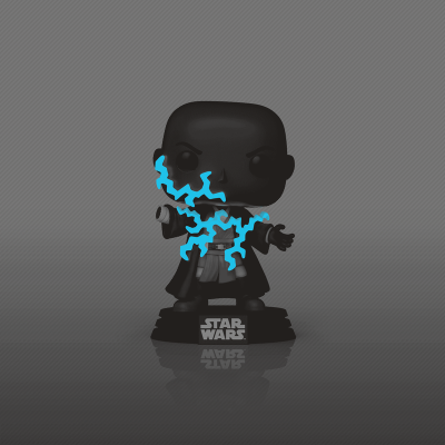 Figura Funko Pop preta Star Wars com raios azuis em suporte preto