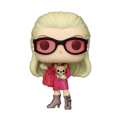 Figura Funko Pop de personagem feminina com cabelo loiro e óculos vermelhos, vestida em rosa, segurando cão e mala