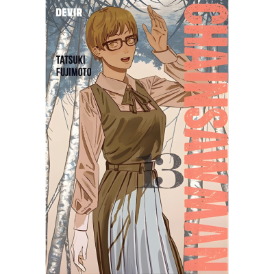 Capa do livro Chainsaw Man 3 com personagem feminina em vestido verde e camisa rosa, fundo de árvores.