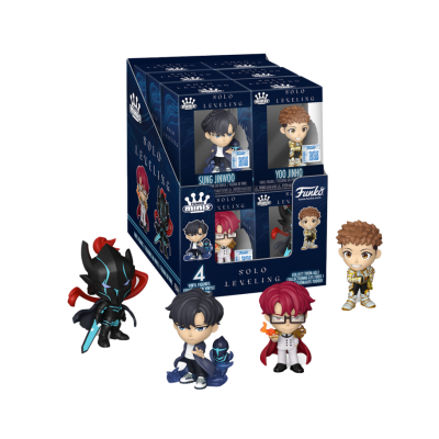 Quatro bonecos Funko Mini da série Solo Leveling com caixas azul escuras em fundo branco.