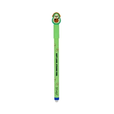 Caneta verde com abacate sorridente e notas musicais