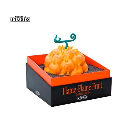 Réplica de fruto Flame-Flame de cor laranja com textura flamejante em caixa preta e laranja