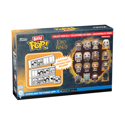 Caixa Funko Bitty Pop Senhor dos Anéis com figuras miniatura e estante empilhável