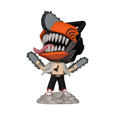 Figura Funko Pop com cabeça de serra elétrica e base de pedra