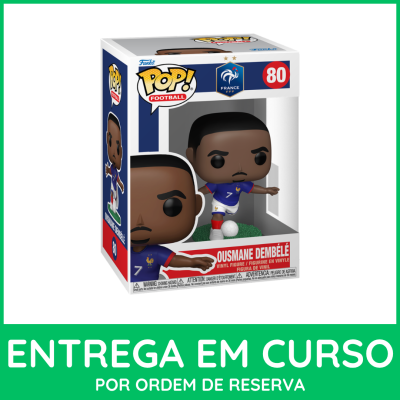 Funko Pop Ousmane Dembélé em embalagem com jersey azul da França e texto de entrega em curso.