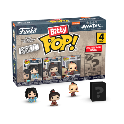 Conjunto Funko Bitty Pop! com 4 mini figuras de personagens de Avatar, incluindo Katara, Toph e Zuko, em caixa colorida.