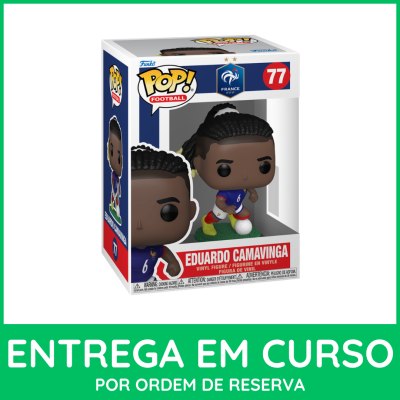 Figura Funko Pop Eduardo Camavinga com camisola azul da França em caixa.