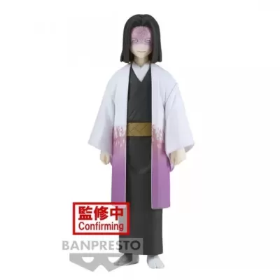 Figura colecionável de personagem com quimono preto e haori branco com degradê roxo