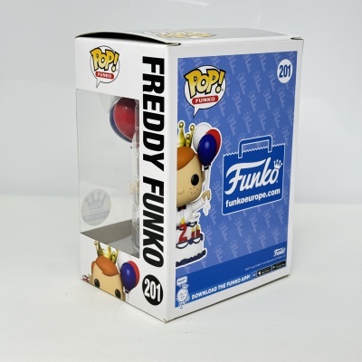 Caixa de figura Funko Pop! Freddy Funko número 201 com coroa e balões
