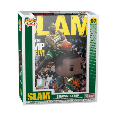 Figurina POP! de Shawn Kemp com roupa verde e bola de basquete em caixa transparente com capa da revista SLAM ao fundo
