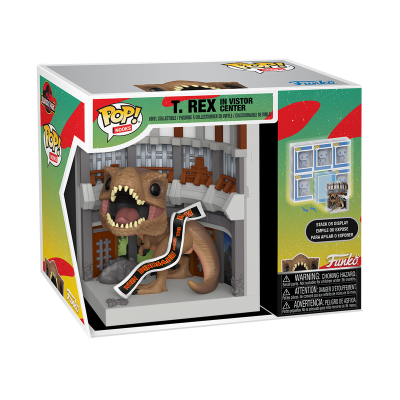 Figura Funko POP! do T. Rex no Visitor Center em caixa verde, branca e vermelha.
