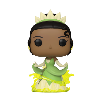 Figura Funko Pop da personagem Tiana em vestido verde com base amarela