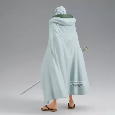 Figura de ação de costas com capa branca e espada