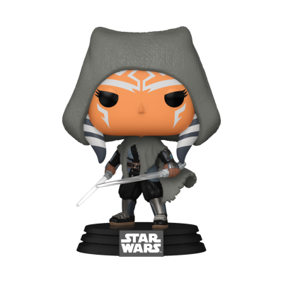 Funko Pop Ahsoka Tano Star Wars com capuz cinza e espadas brancas