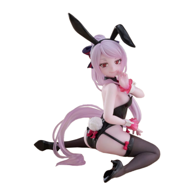 Figurina de personagem feminina com cabelo lilás e fato de coelha preto