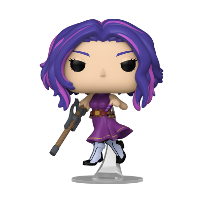 Figura colecionável Funko Pop com cabelo roxo e rosa e vestido roxo