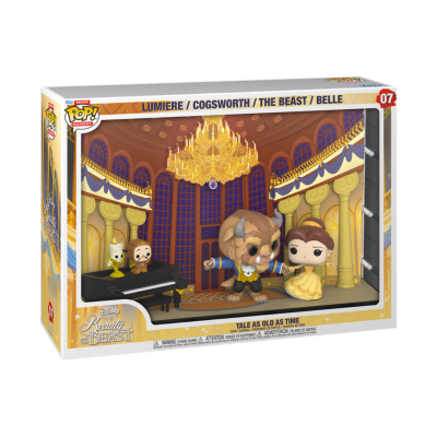 Conjunto Funko Pop Beauty and the Beast com figuras Lumiere, Cogsworth, a Fera e Bela num cenário elegante