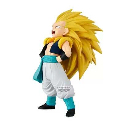 Figura de ação representando personagem com cabelo amarelo volumoso e roupa azul e branca.