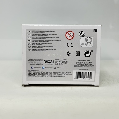 Parte traseira de caixa branca de produto Funko com informação de segurança, selos, código de barras e origem