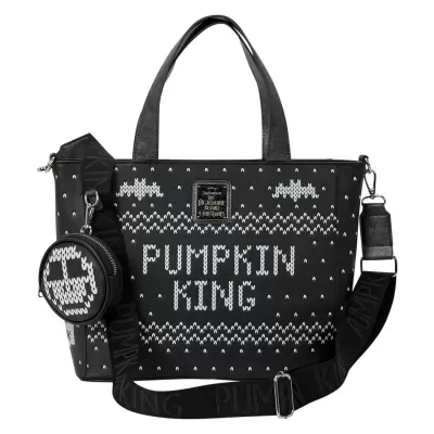 Mala de mão preta com texto 'PUMPKIN KING' e alça preta larga com bolsa redonda pendurada
