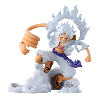Figura de ação de personagem com cabelo branco em chamas e roupa branca com faixa roxa