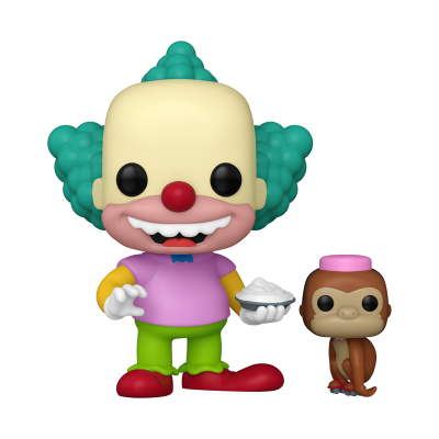 Figura Funko Pop de palhaço colorido com pequeno macaco ao lado