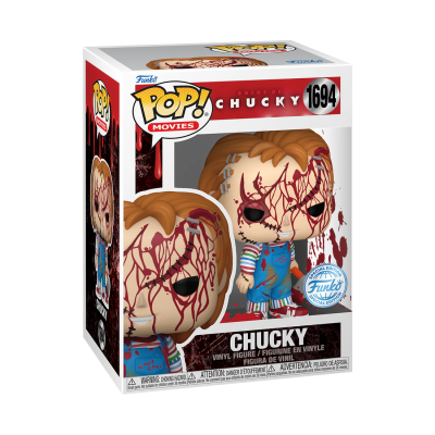 Figura Funko Pop! Bride of Chucky 1694 na caixa com personagem Chucky manchada de sangue e cicatrizes.