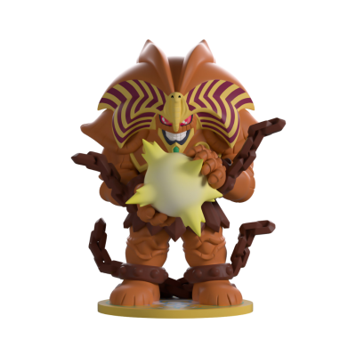 Figurina de guerreiro castanho com elmo amarelo e vermelho segurando esfera amarela com espinhos e corrente castanha.