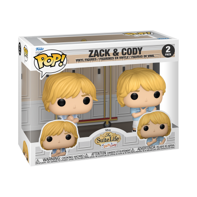 Caixa de Funko Pop! com figuras de Zac e Cody, personagens loiros com camisolas azuis claras.