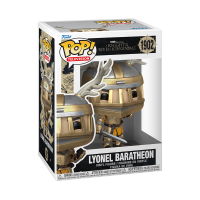 Funko Pop! Lyonel Baratheon com armadura dourada e elmo com chifres na caixa