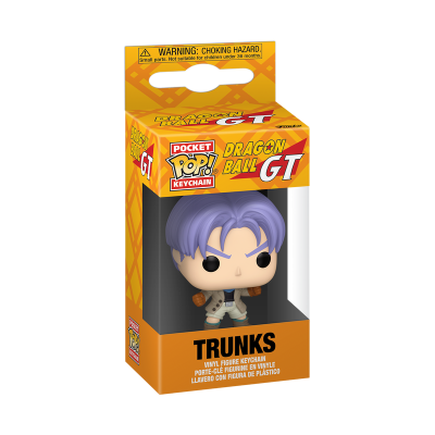 Chaveiro de figura Trunks Dragon Ball GT em embalagem amarela e laranja