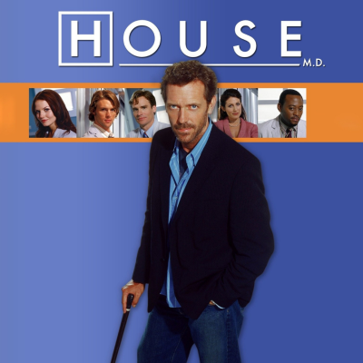 Imagem promocional da série de televisão 'HOUSE M.D.' com seis personagens e fundo azul e laranja.