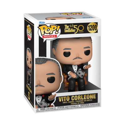 Figura Funko Pop! Vito Corleone sentada, embalagem com texto The Godfather 50 Years