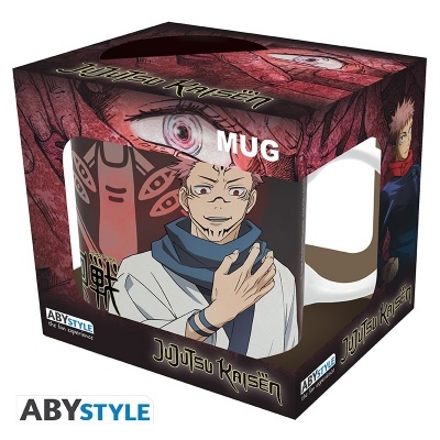Caneca de cerâmica com personagem do anime Jujutsu Kaisen numa caixa vermelha e roxa
