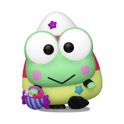 Figura de vinil de rã verde com roupa colorida e cesta listrada