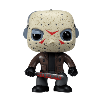 Figura Funko Pop do Jason Voorhees com máscara de hóquei, casaco castanho e faca manchada de sangue