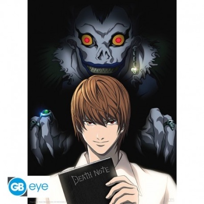 Personagem segurando caderno Death Note e figura assustadora ao fundo