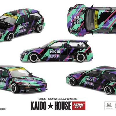 Miniatura de Honda Civic EF com decoração colorida e capot aberto.