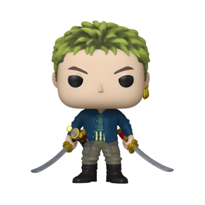 Figura colecionável estilo Funko Pop com cabelo verde e dois sabres