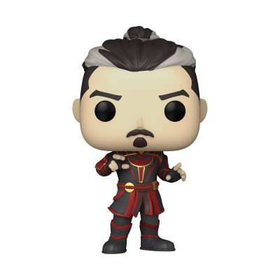 Figura Funko Pop de personagem com cabelo cinzento e preto, traje vermelho e preto