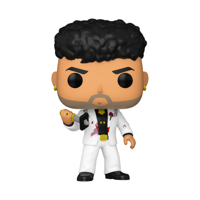 Figura Funko Pop homem com cabelo encaracolado e fato branco com manchas vermelhas, segurando uma pistola.