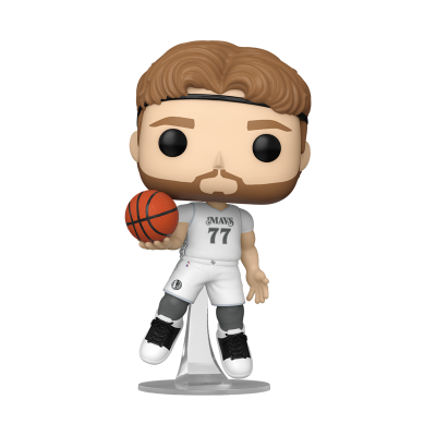 Figura estilizada Funko Pop de jogador de basquetebol em uniforme branco com bola.