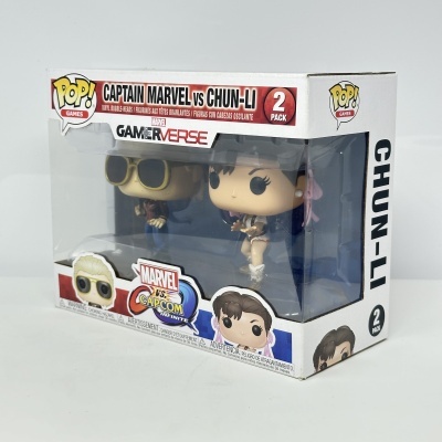 Pack de 2 figuras POP! Games Captain Marvel e Chun-Li em caixa transparente.