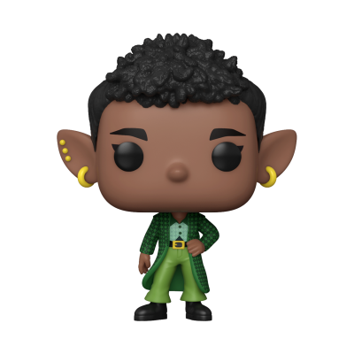 Figura colecionável Funko Pop com cabelo encaracolado, orelhas pontudas, casaco verde e calças verdes